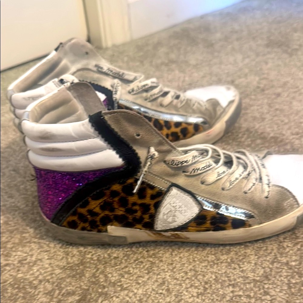 PHILIPPE MODEL- PARIS Intentional Distressing Purple and Brown High-Top Sneakers